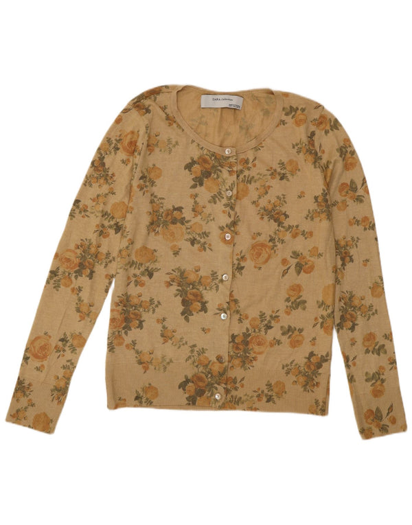 Zara Mujer Cárdigan Suéter UK 44 Grande Beige Floral Poliéster