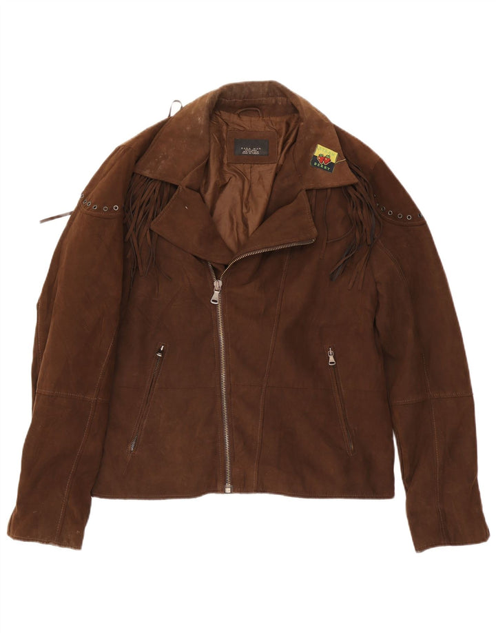 Zara Hombre Chaqueta Motera De Ante Sintético UK 42 XL Poliéster Marrón