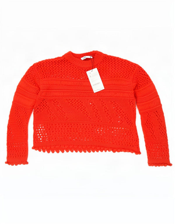 Zara - Jersey de crochet con cuello redondo para mujer, talla 10, acrílico rojo pequeño