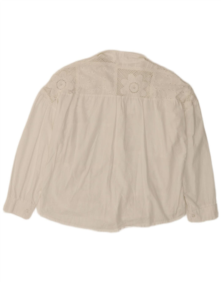 VINTAGE Mujer 3/4 Manga Camisa Blusa Reino Unido 14 Medio Blanco Floral Algodón