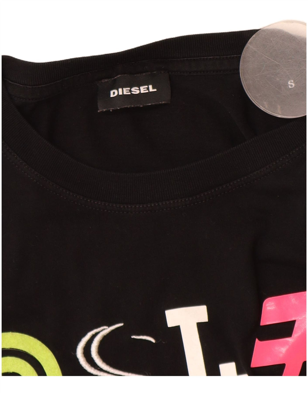 Diesel Mujer Camiseta Gráfica Top UK 10 Small Algodón Negro