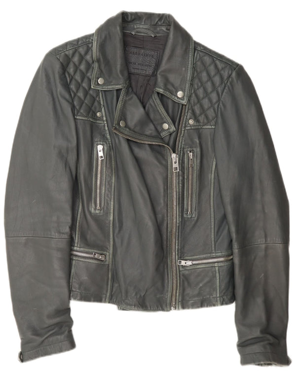 All Saints Chaqueta motera de cuero para mujer UK 42 Gris medio