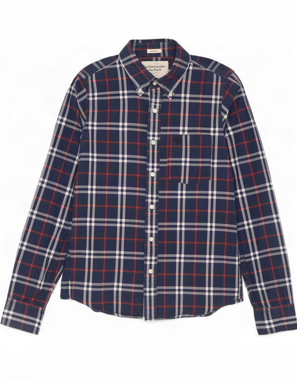 Abercrombie & Fitch Camisa ajustada para hombre de algodón a cuadros azul marino grande