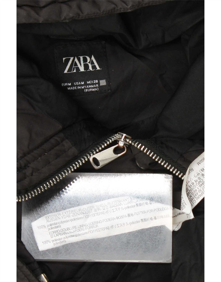 Zara Mujer Chaleco Largo Acolchado Con Capucha UK 40 Mediano Negro Poliéster