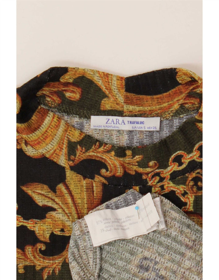Zara Mujer Crop Top Manga Larga UK 10 Small Black Paisley Poliéster