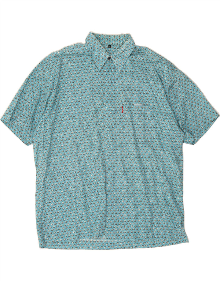 SIGNUM Mens Abstract Pattern Short Sleeve Shirt Large Blue Cotton Vintage Signum and Second-Hand Signum from Messina Hembry 
