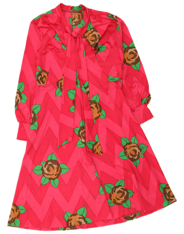 Vintage mujer manga larga frente corbata A-Line vestido Reino Unido 12 medio rosa floral