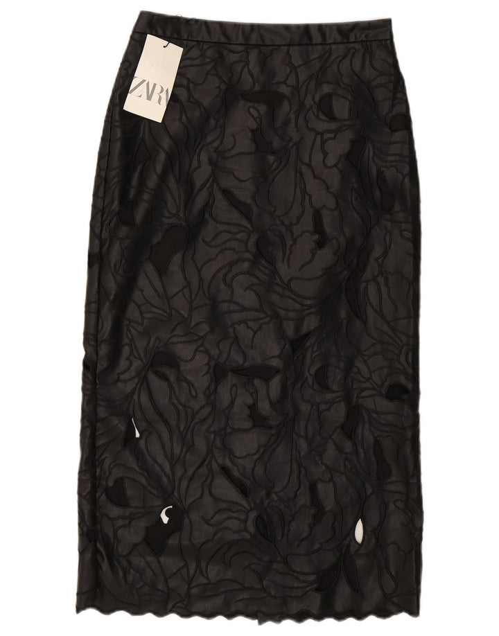 Zara Mujer Falda De Cuero Pequeña W26 Negro Floral
