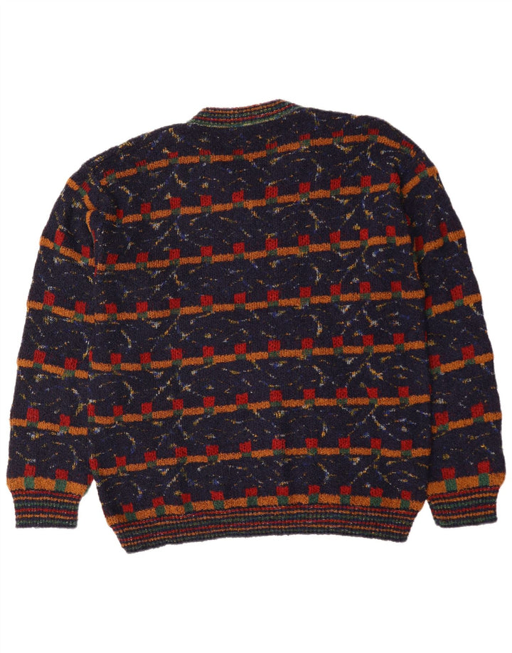 VINTAGE Jersey con cuello en V para hombre XL Lana geométrica azul marino