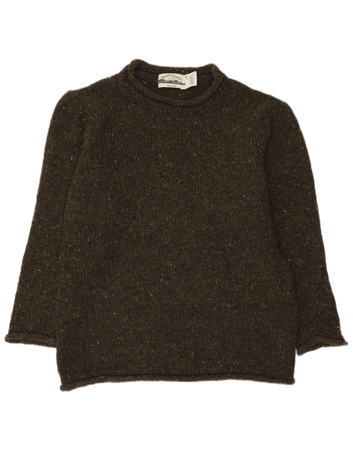Aran Crafts Suéter tipo jersey con cuello barco para hombre de lana moteada de color caqui mediano