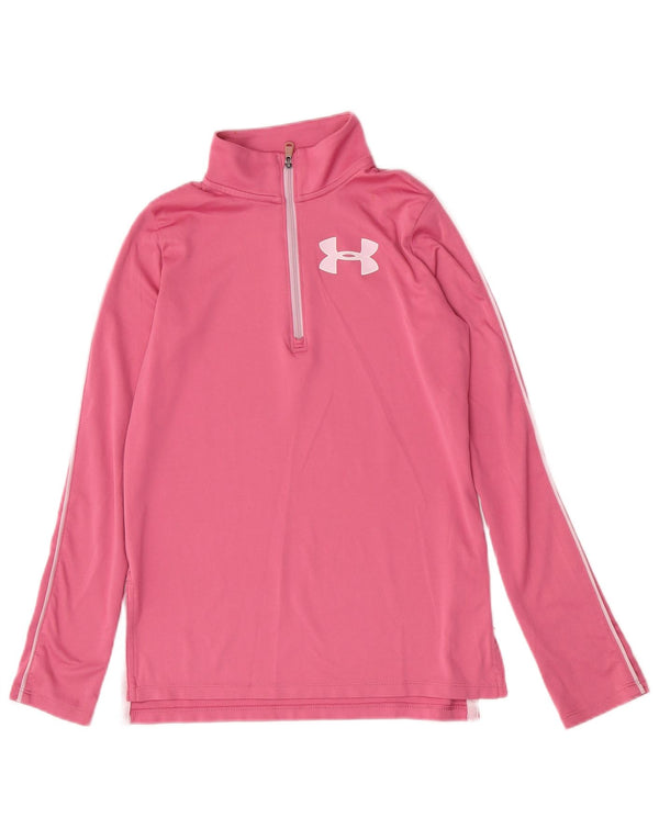 Under Armour Camiseta con cuello y cremallera para niña, manga larga, 9-10 años, color rosa medio, deportivo