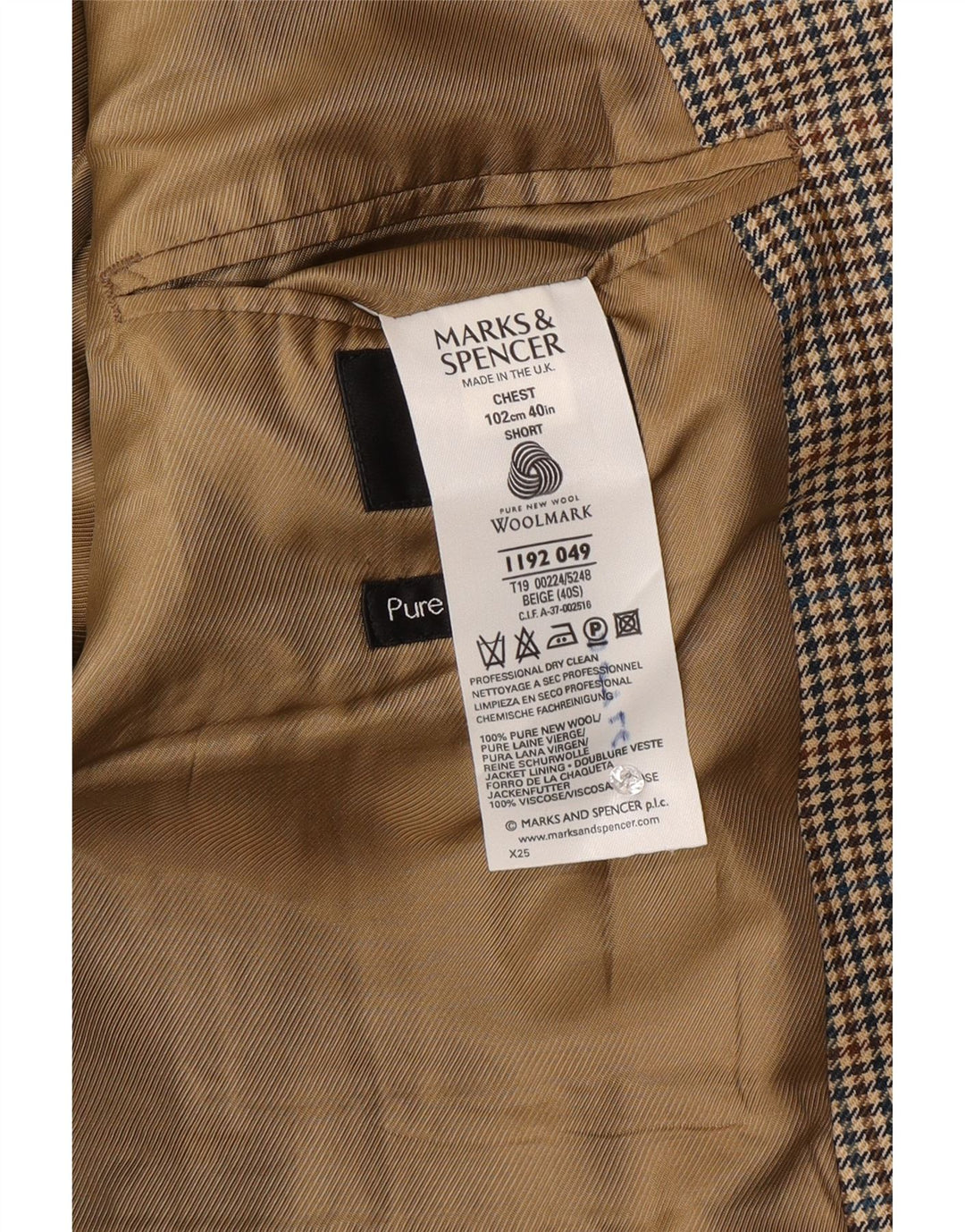Marks & Spencer Chaqueta tipo blazer de 2 botones para hombre UK 40 Lana a cuadros beige mediana