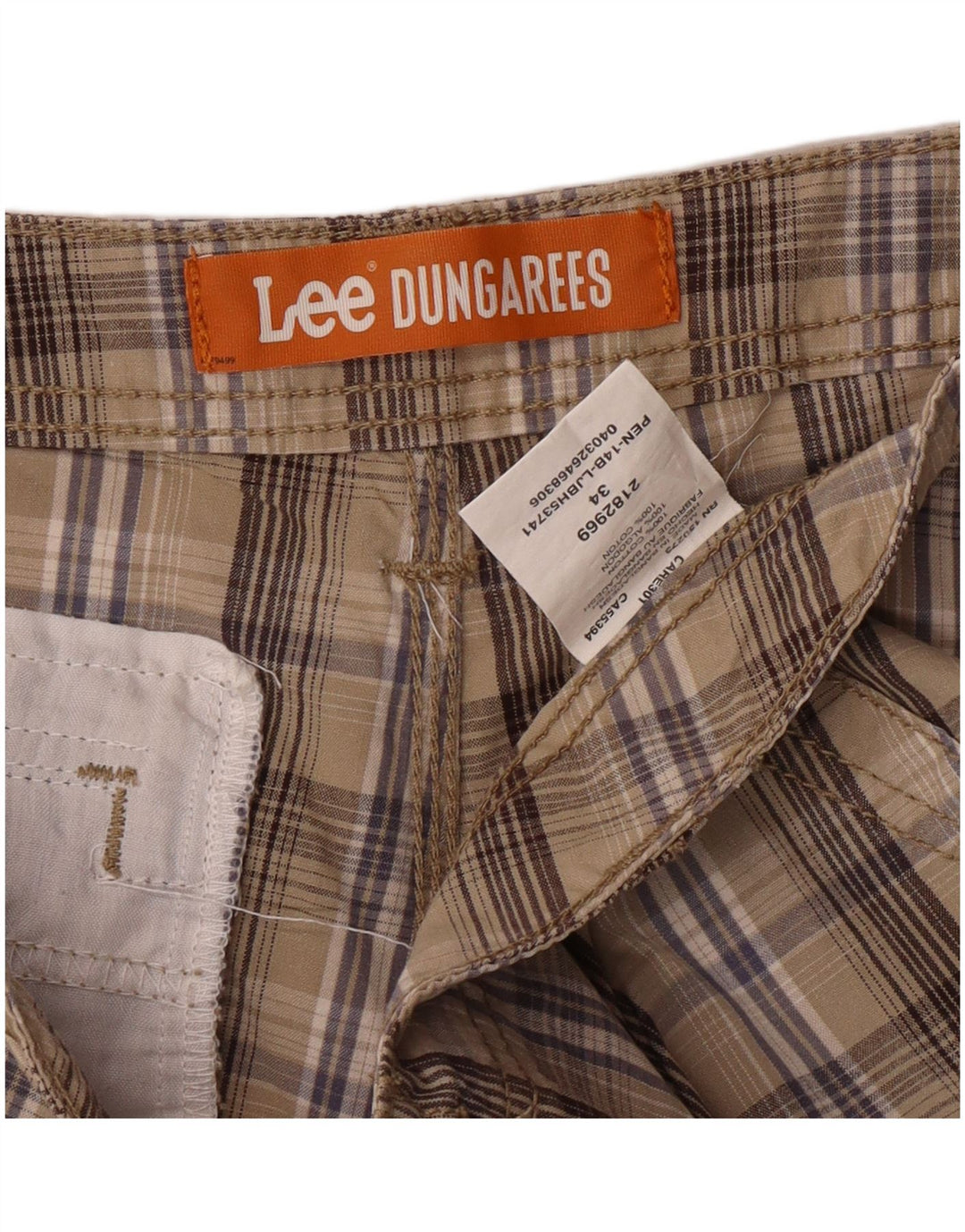 LEE Mens Dungarees Cargo Shorts W34 Large Beige Check Algodón