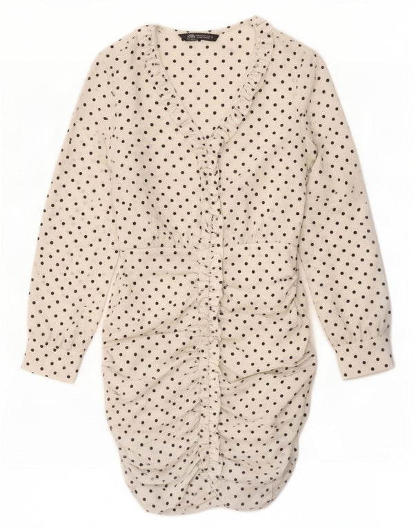 Zara Vestido Ajustado De Manga Larga para Mujer UK 40 Mediano Lunares Blancos