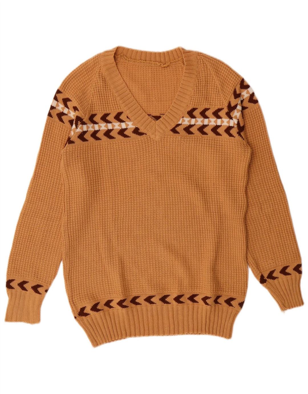 VINTAGE Mujer V-Cuello Jumper Suéter Reino Unido 10 Pequeño Marrón Geométrico