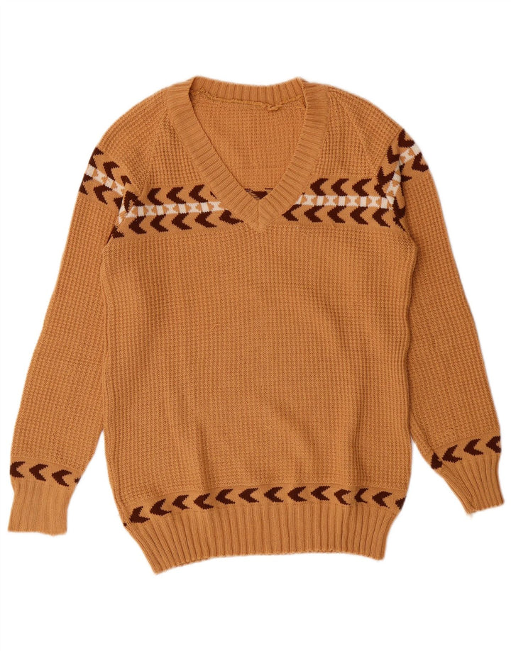 VINTAGE Mujer V-Cuello Jumper Suéter Reino Unido 10 Pequeño Marrón Geométrico