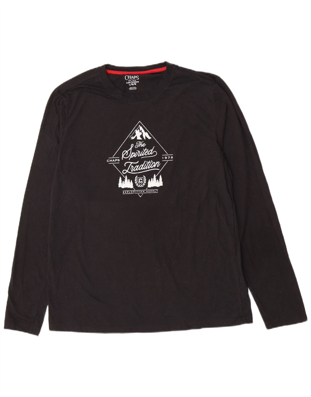 Chaps Mens Graphic Top Manga Larga Grande Algodón Negro