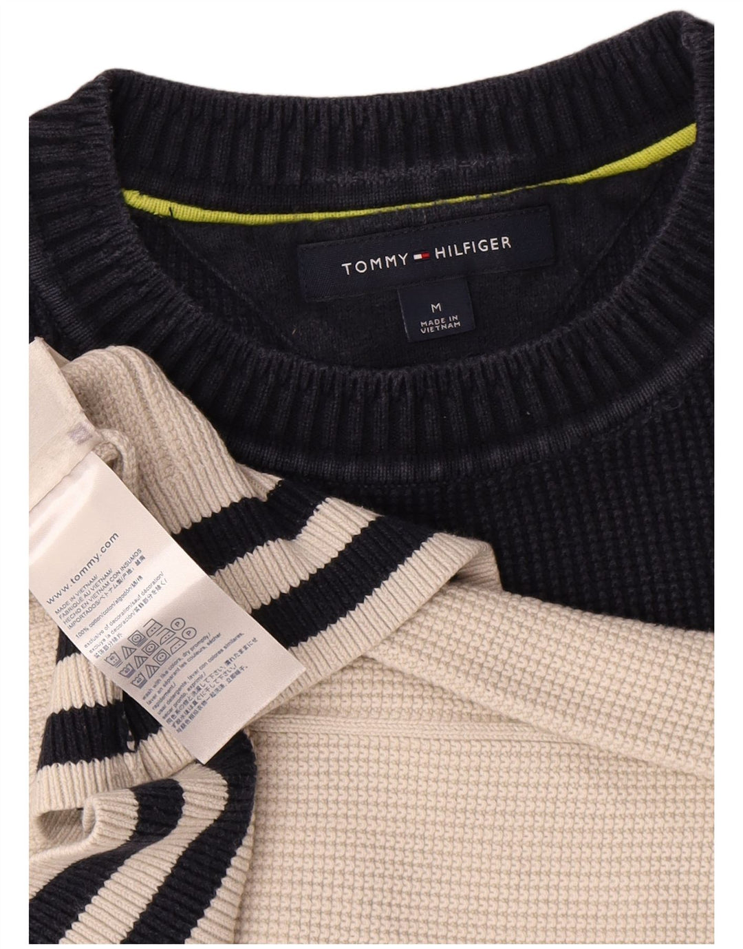 Tommy Hilfiger Jersey con cuello redondo para hombre, color blanco roto, color block