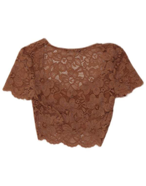 Zara Mujer Blusa Corta De Encaje Top UK 8 Small Marrón Floral