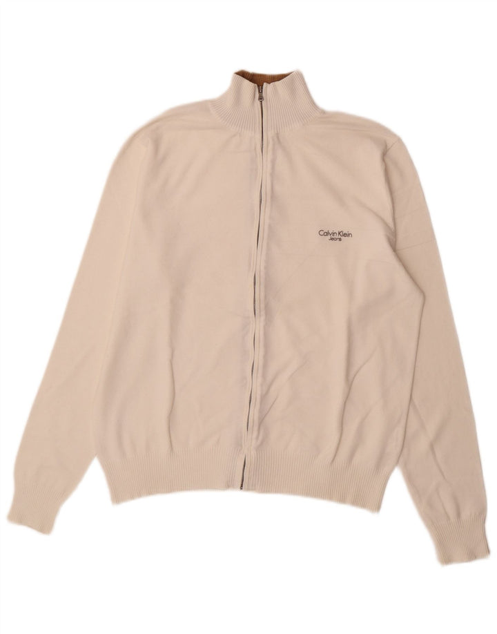 Calvin Klein Jeans Cárdigan para hombre suéter grande de algodón blanco