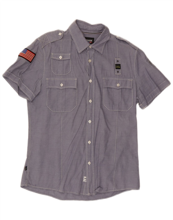 BLAUER Camisa militar de manga corta para hombre de algodón azul grande