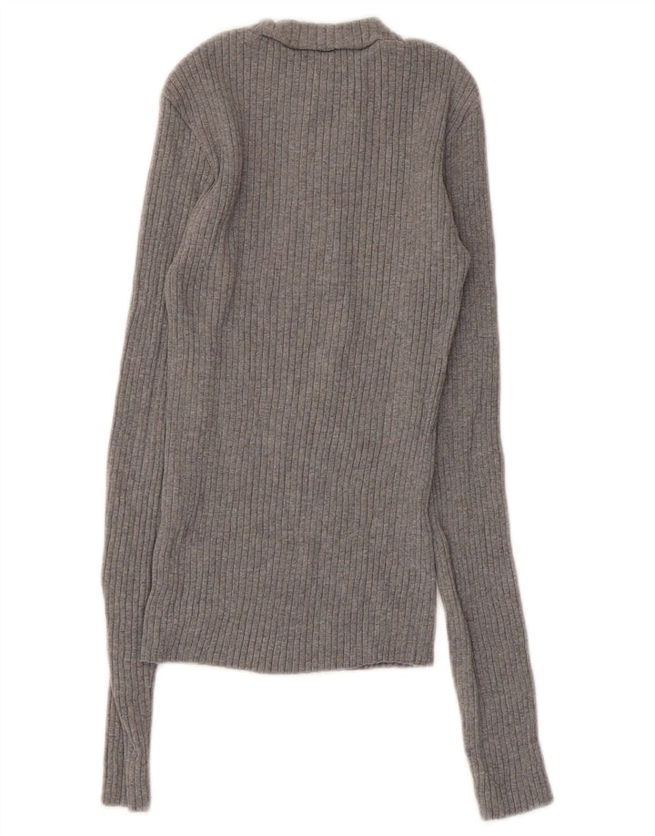 Zara Mujer Botón Cuello Jersey Suéter UK 8 Pequeño Algodón Gris