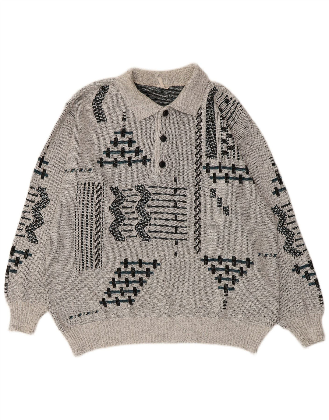 Vintage hombres polo cuello jersey suéter Reino Unido 38/40 gris medio geométrico