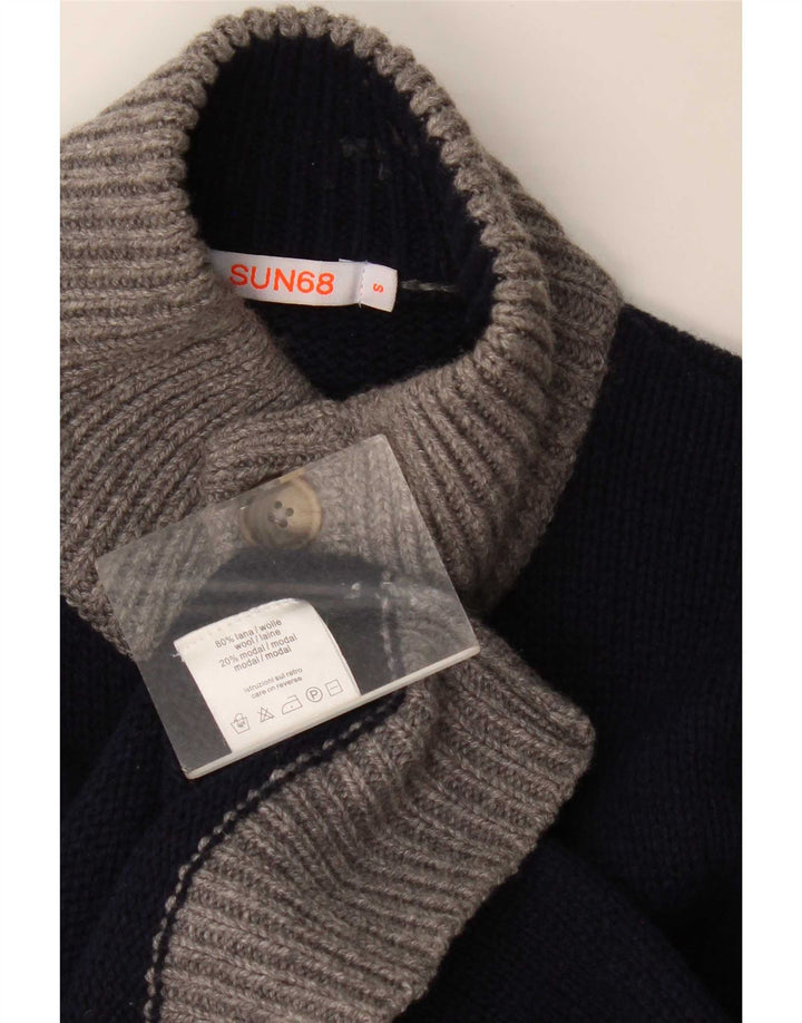Sun68 Suéter tipo jersey con cuello y botones para hombre, talla pequeña, lana azul marino