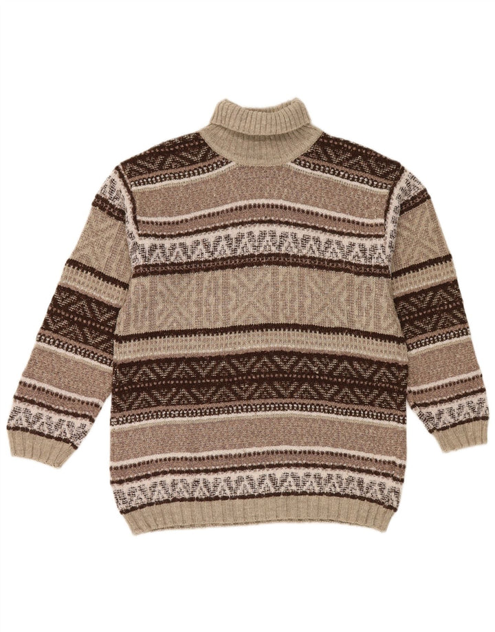 Vintage hombres rollo cuello jersey suéter marrón medio lana geométrica