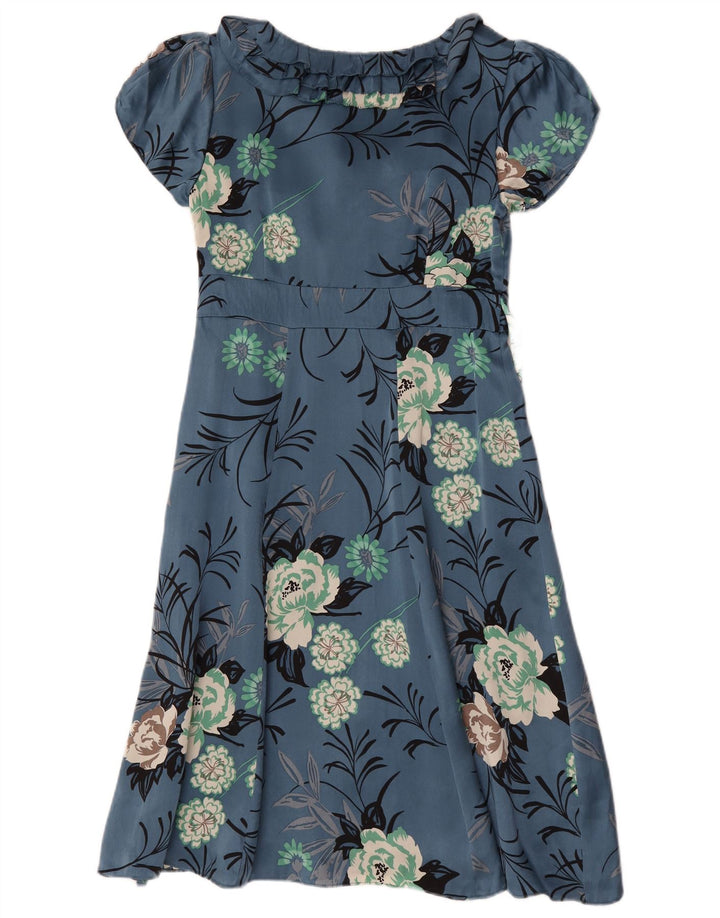 Monsoon Vestido acampanado con volante en la parte delantera para mujer, talla 48, seda floral azul medio