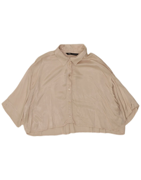 Zara Mujer Crop Blusa Camisera Extragrande UK 10 Small Viscosa Beige