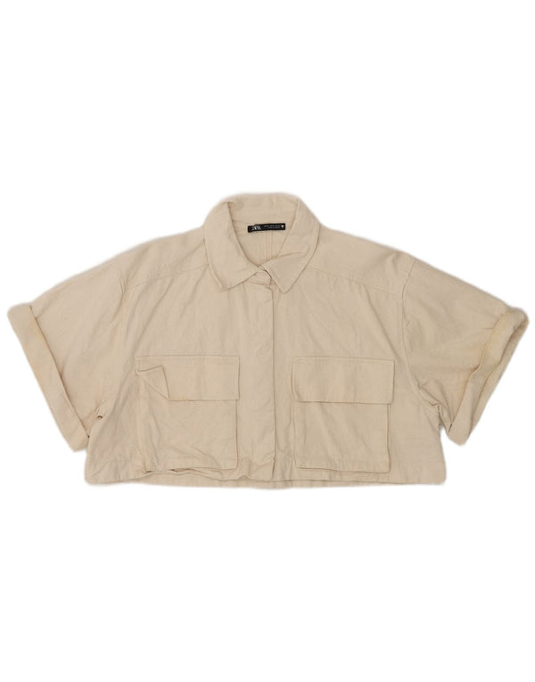 Zara Mujer Camisa Corta De Manga Corta UK 44 Algodón Beige Medio