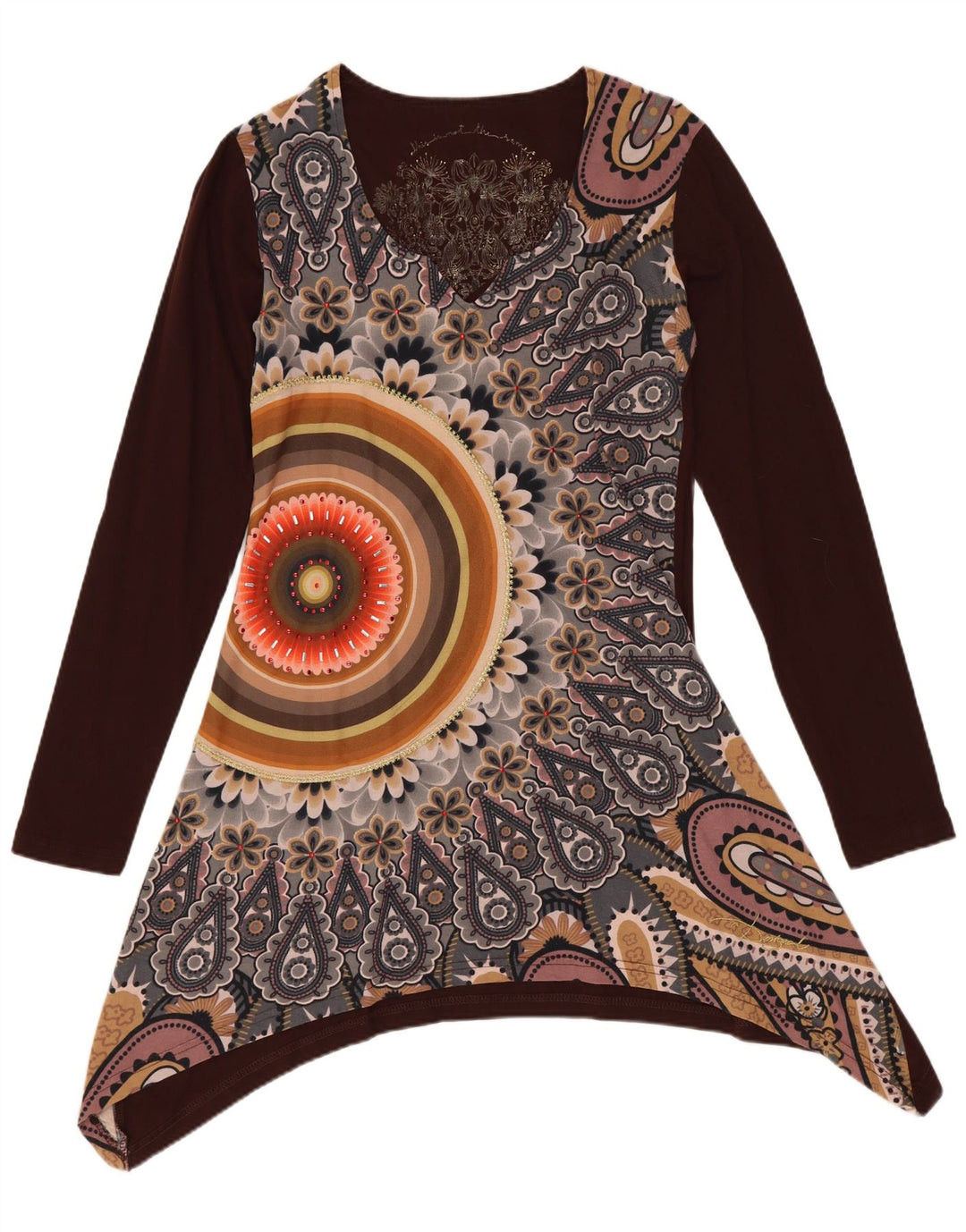 DESIGUAL Vestido túnica asimétrico gráfico para mujer Reino Unido 10 Pequeño Marrón Floral