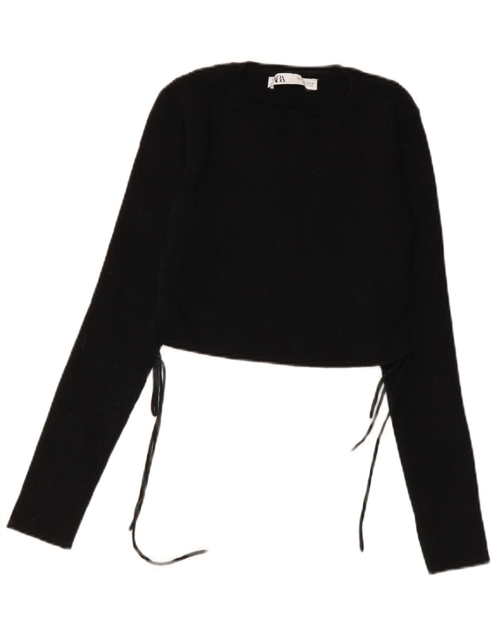 Zara Mujer Crop Top Manga Larga UK 44 Grande Negro