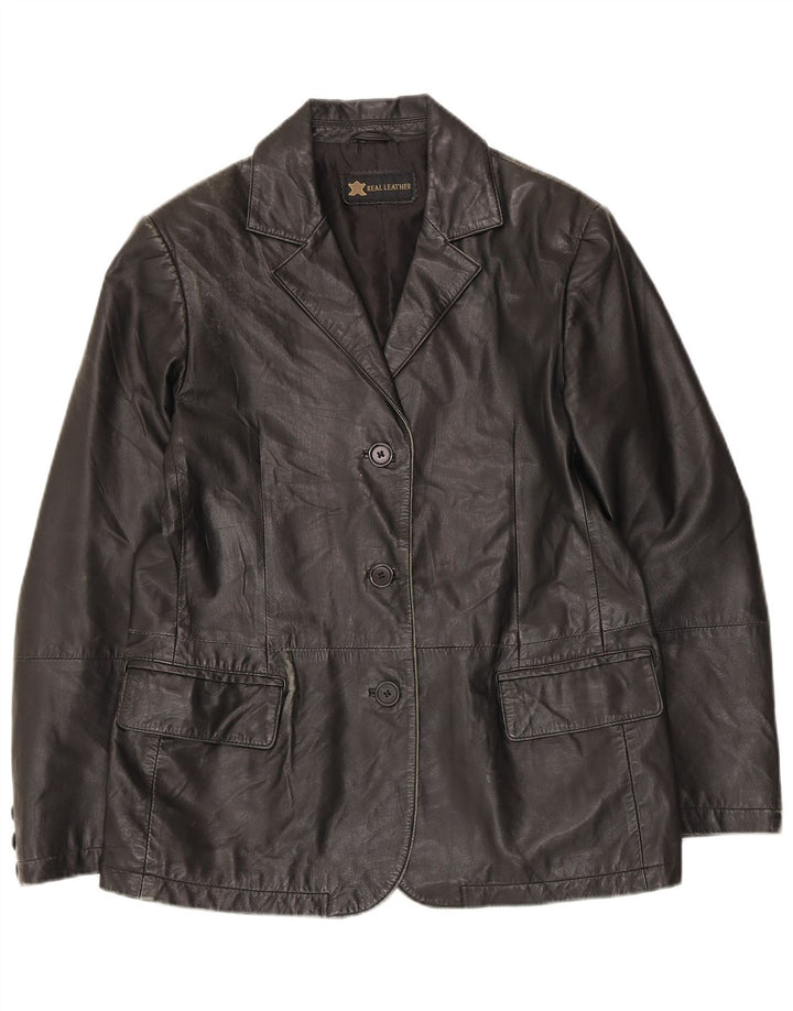 Vintage mujer 3 botones cuero Blazer chaqueta Reino Unido 14 cuero negro medio