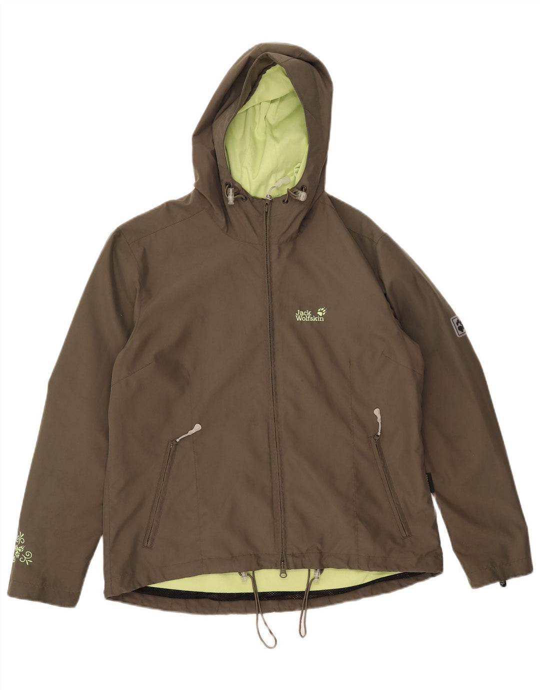 Jack Wolfskin Chaqueta impermeable con capucha para mujer UK 14/16 Large Caqui Poliéster