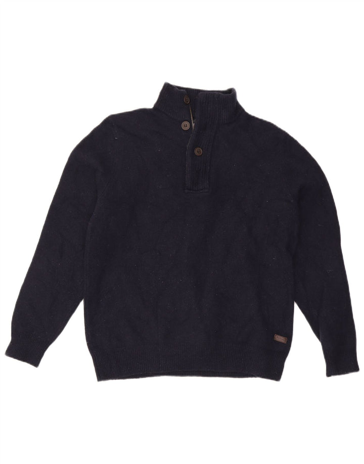 Barbour Hombre Cremallera Cuello Jersey Suéter Grande Lana Azul Marino