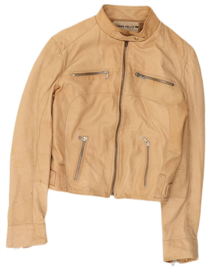 VINTAGE Womens Crop Leather Jacket UK 14 Large Beige Leather