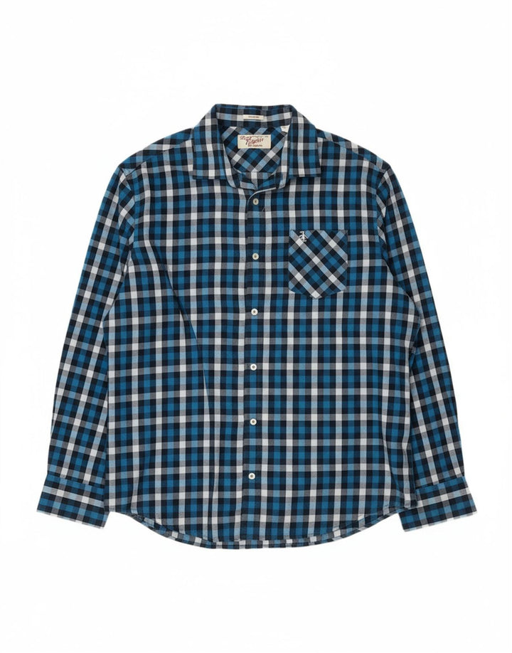 PENGUIN Mens Classic Fit Flannel Shirt XL Blue Check Cotton