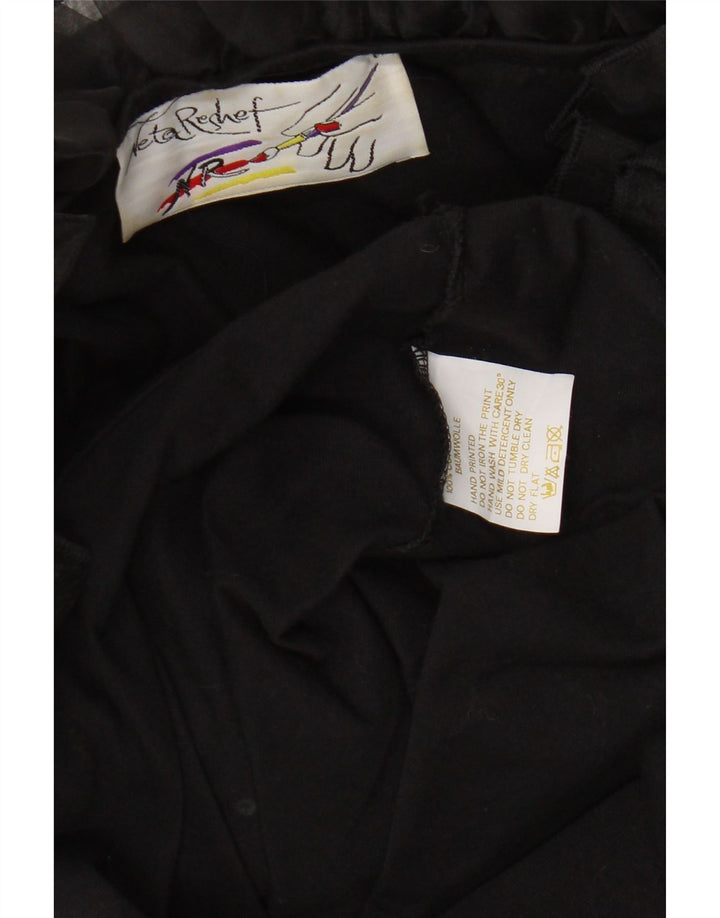 Vintage mujer volante frente manga larga túnica Top Reino Unido 16 algodón negro grande