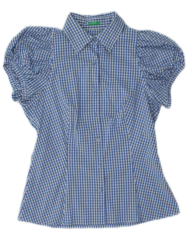 BENETTON Blusa camisera de manga corta para mujer UK 42 Medium Blue Gingham