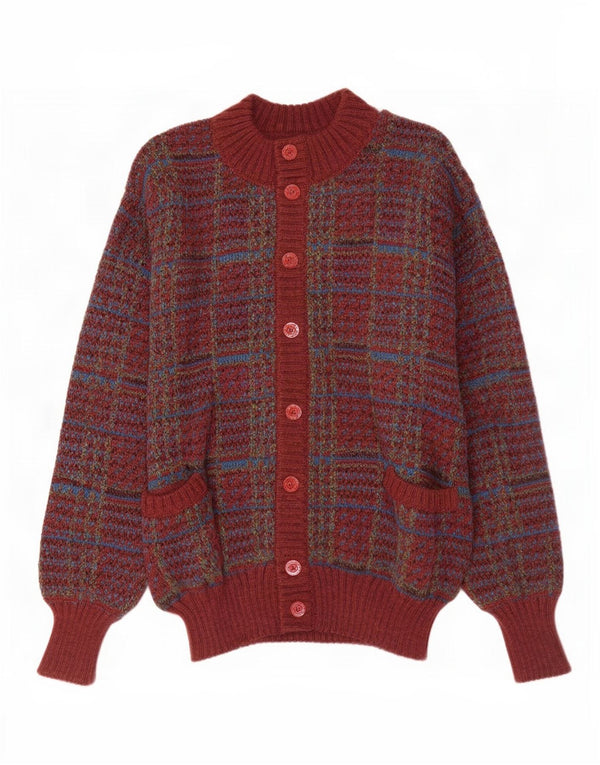 Vintage hombres Cardigan suéter grande Borgoña Check