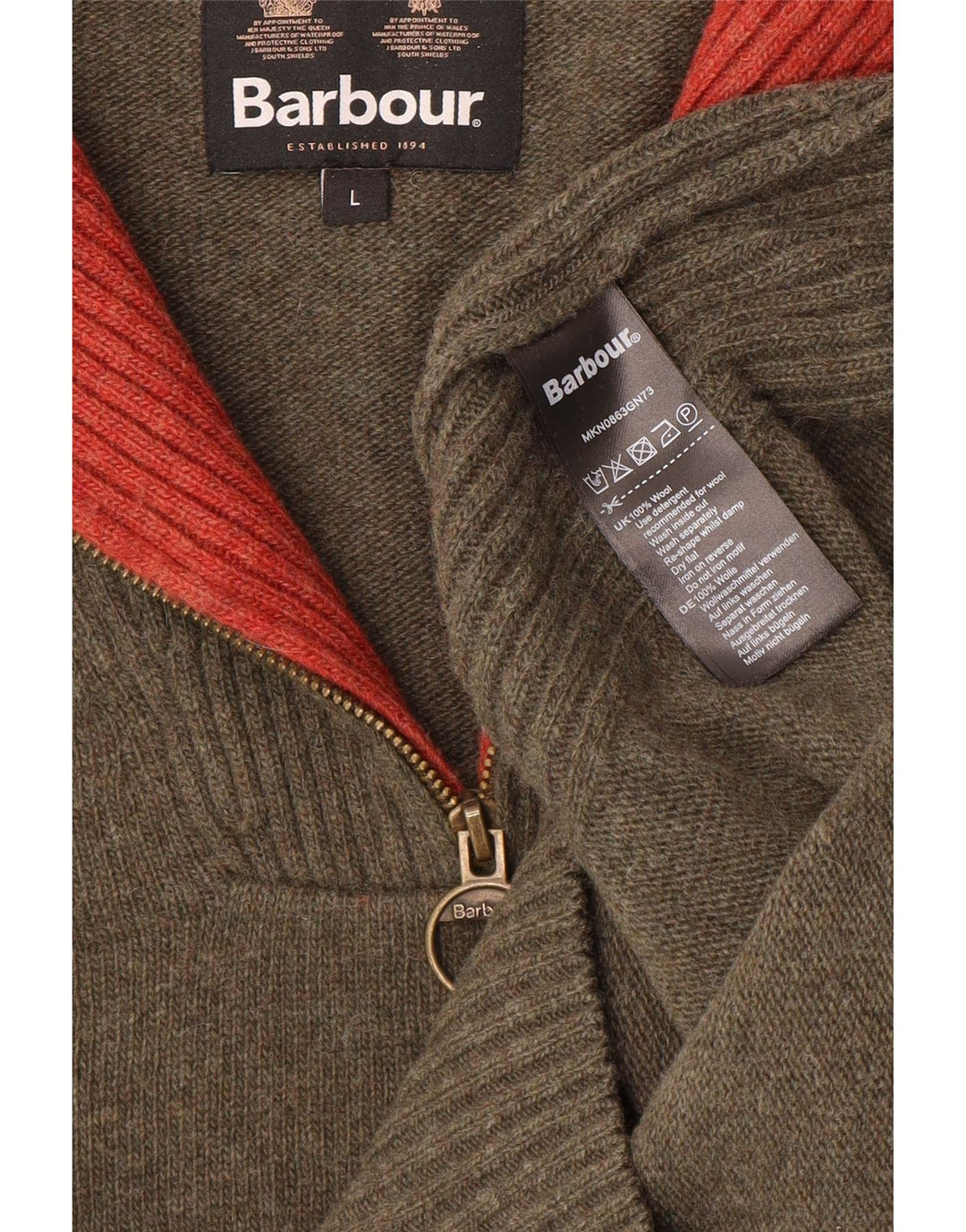 Barbour Hombre Cremallera Cuello Jersey Suéter Grande Caqui Lana