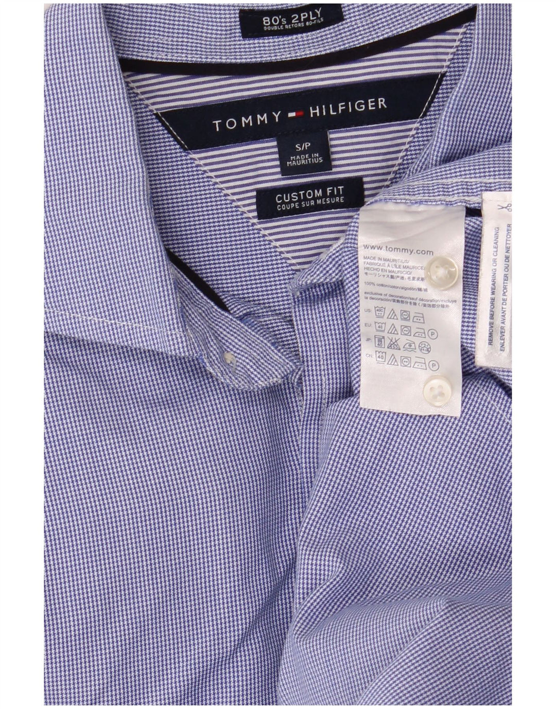Camisa Tommy Hilfiger de corte personalizado para hombre, talla pequeña, azul, pata de gallo, algodón, clásico