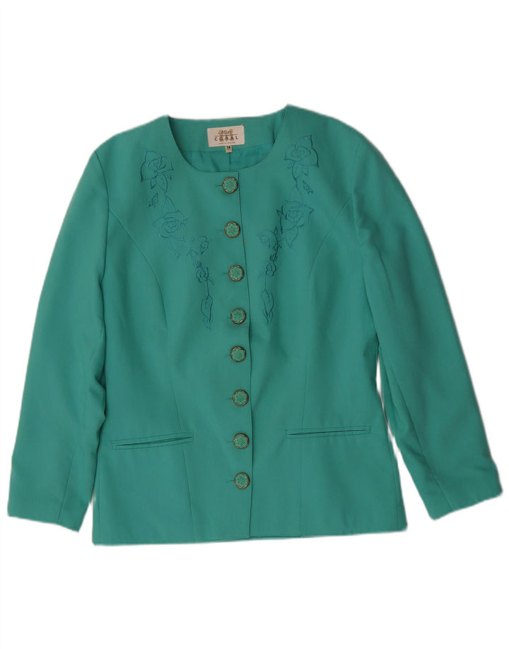 VINTAGE Womens Blazer Jacket UK 14 Large Green Floral Polyester
