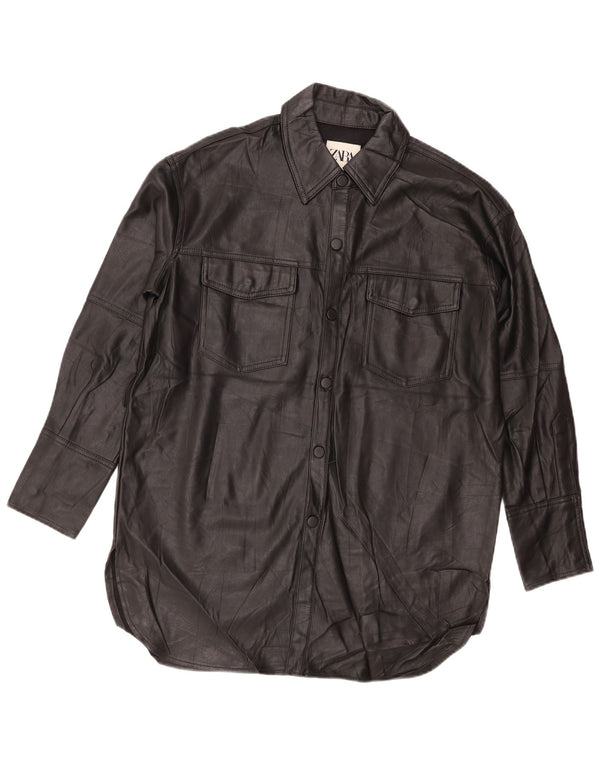 Zara Camisa oversize de piel sintética para mujer UK 6 XS Poliéster negro
