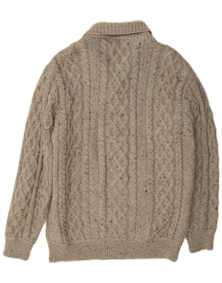 Aran Crafts Suéter tipo jersey con cuello chal para hombre de lana moteada color beige grande