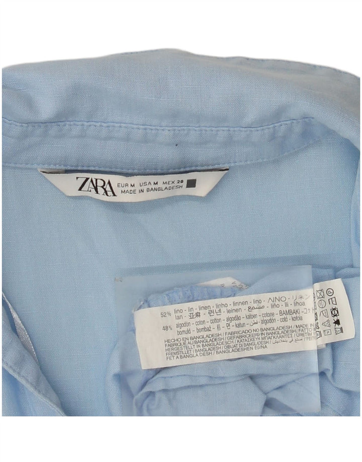Zara Mujer Vestido Escalonado UK 44 Lino Azul Medio