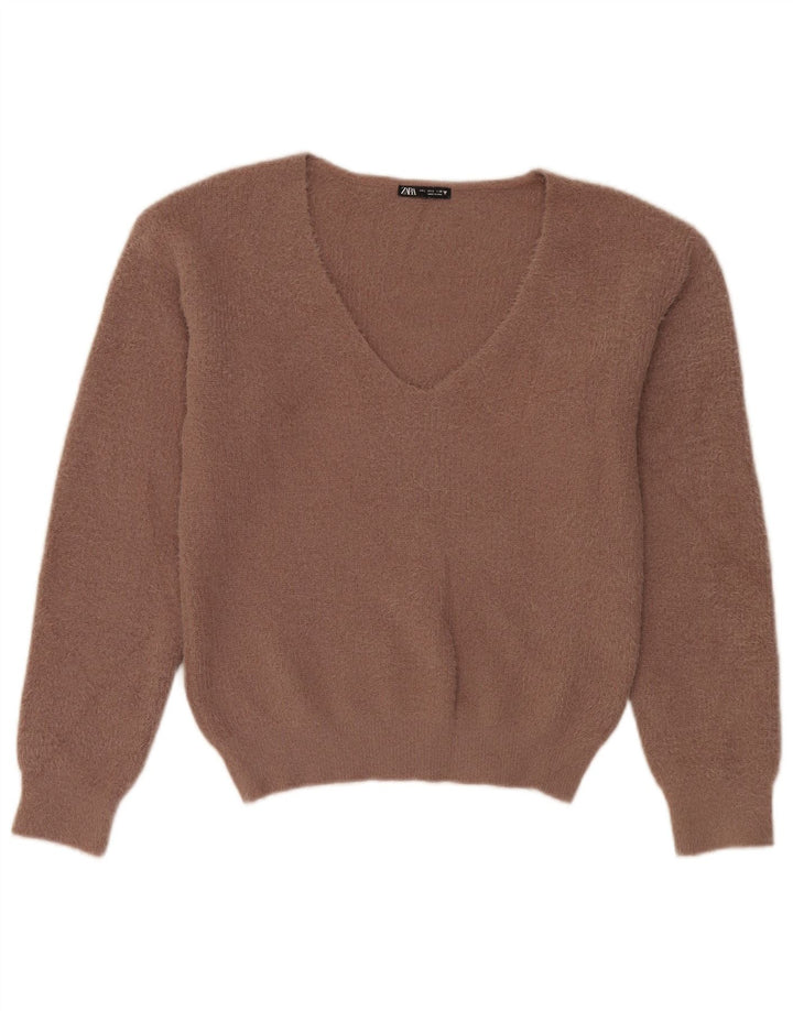 Zara Jersey oversize con cuello en V para mujer UK 10 Small Marrón Poliéster