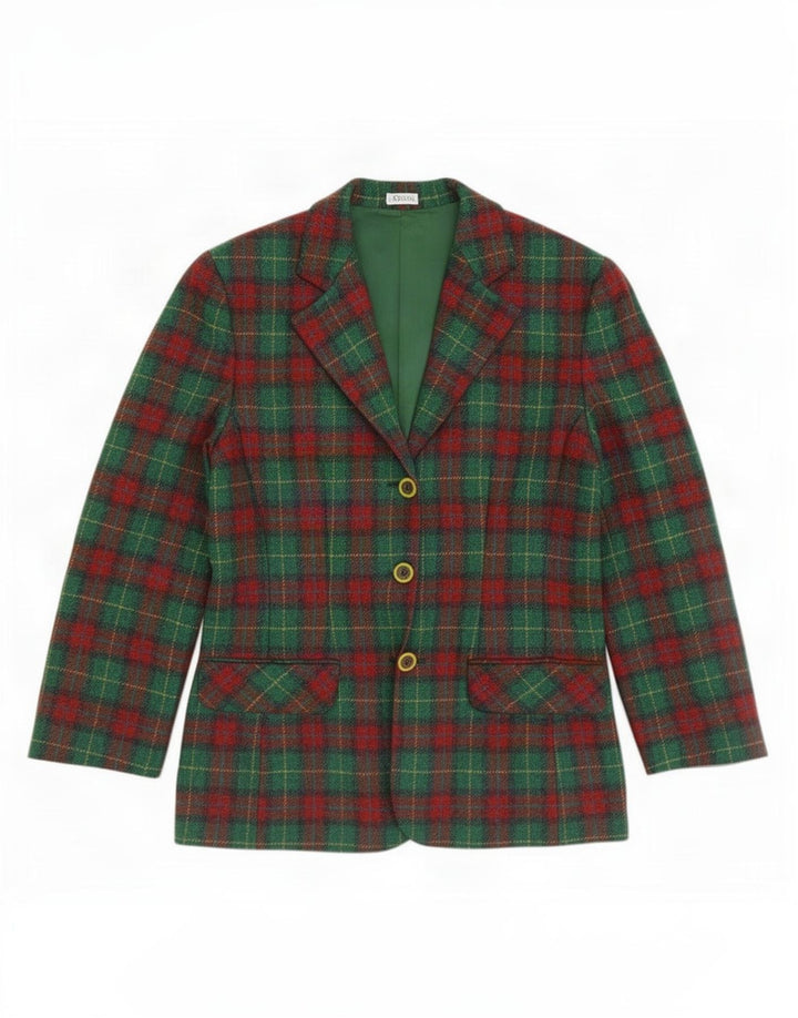 Vintage mujer 3 botones Blazer chaqueta IT 46 cheque verde grande